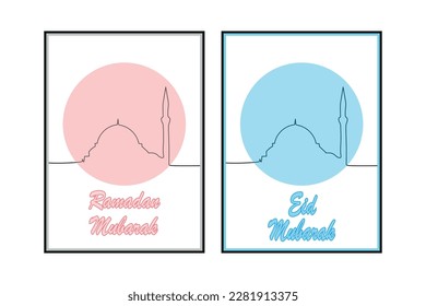 Line art masjid, prayers place, Eid Mubarak, Ramadan Mubarak, one-liner Arabian abstract, vector, Muslim, mosque, minaret, poster design.