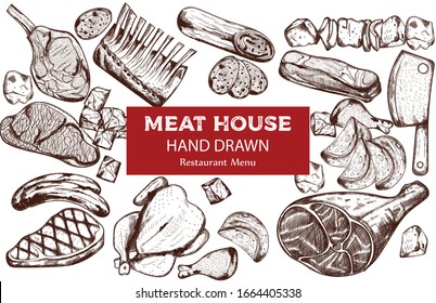 Line art meat set with sausage, steak, pork ribs and butcher knife