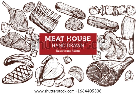 Line art meat set with sausage, steak, pork ribs and butcher knife
