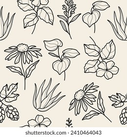 Line art medicinal plants and flowers background