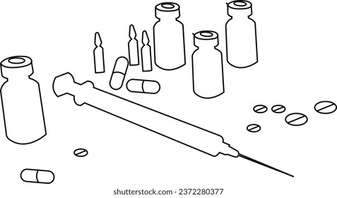  line art of medicine set with pills. Pharmaceutical components and capsules in container with drugs symbols in simple linear style. Editable stroke. Contour vector illustration