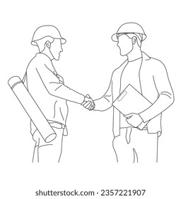 Line art of medium shot of engineer and architect shaking hands isolated on a white background.
