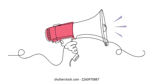 Line art megaphone announcement, one continuous single line drawing of hand hold a speaker megaphone isolated on white background.