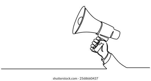 Line art megaphone announcement, one continuous single line drawing of hand hold a speaker megaphone isolated, Continuous line drawing Holding by hand  megaphone Speaker Single Line Icon pro vector.  