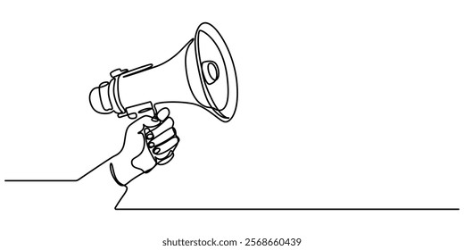 Line art megaphone announcement, one continuous single line drawing of hand hold a speaker megaphone isolated, Continuous line drawing Holding by hand  megaphone Speaker Single Line Icon pro vector.  