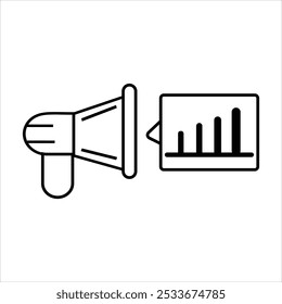 Arte de linha de um megafone com bolhas de fala, simbolizando comunicação e promoção em um plano de marketing.
