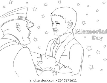 Line art of a Memorial Day ceremony, where a soldier honors a child with a folded flag, signifying sacrifice and remembrance.