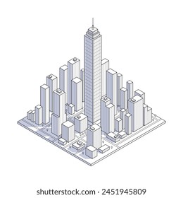 Line art of a metropolis block with skyscrapers, in a minimalist contour style, depicting urban architecture without people or vehicles. 3d isometric vector illustration isolated on white background.