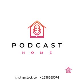 Line art Mic podcast house home logo design vector icon illustration