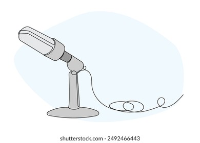 Line Art Microphone Illustration. Curve Continuous Line Doodle Art. Editable Black Outline Microphone Silhouette Line Ink. Hand Drawn Podcast Microphone Contour Continuous Line Art