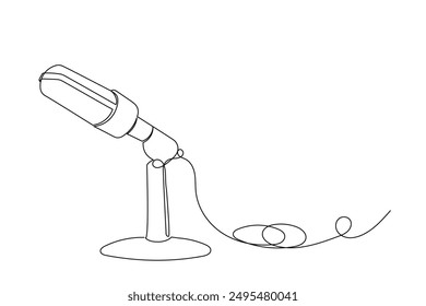 Line Art Microphone Illustration. Curve Continuous Line Doodle Art. Editable Black Outline Microphone Silhouette Line Ink. Hand Drawn Podcast Microphone Contour Continuous Line Art