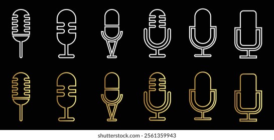 A line art microphones audio podcast vector icons set 