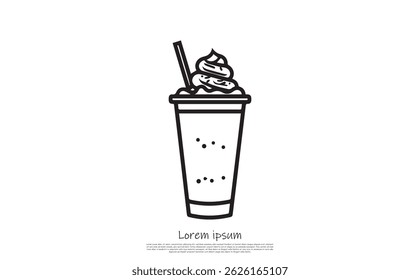 Line art of milkshake with whipped cream, straw and bubbles in cup. Vector image for digital platforms, posters and print.