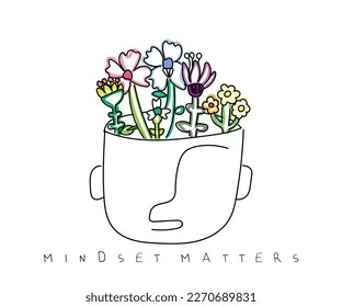 line art of mindset matters. Positive psychology concept. Mental health care art.