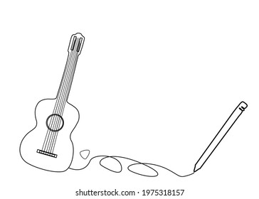 Line art ,minimal drawing style Classic Acoustic Guitar, pick and pen .Copy space, for your text. Graphic art,doodle. Tattoo Clipart. Vector illustration.