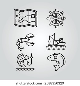 line art minimal fishing icon set vector