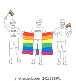 Line art minimal group of people holding LGBTQ flags on white background. hand drawn, doodle style, 
illustration vector cartoon.

