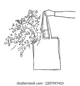 Line art minimal of hand holding tote bag with flowers in hand drawn concept for decoration, doodle style