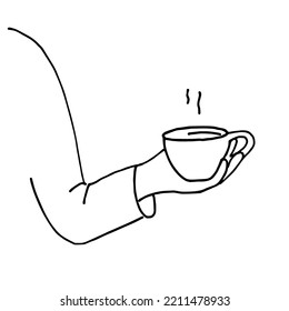 Line art minimal of a man holding cup of coffee in hand drawn concept for decoration, doodle style