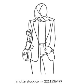 Line Art Minimal Of Muslim Fashionista Woman Hijab In Hand Drawn Concept For Decoration, Doodle Contemporary Style