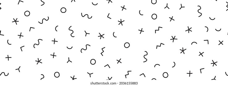 Line Art Minimal Texture. Pop Memphis Pattern. Party Geometric Drawn. Trendy Form Ornament. Line Creative Design. Line Abstract Circle. Vector Set Scribble Background Paper Monochrome Wallpaper Cover.
