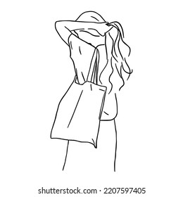 Line art minimal of woman with tote bag in hand drawn concept for decoration, doodle style