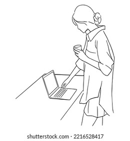 Line Art minimale der Frau mit Laptop in handgezeichnet Konzept für Dekoration, Doodle-Stil