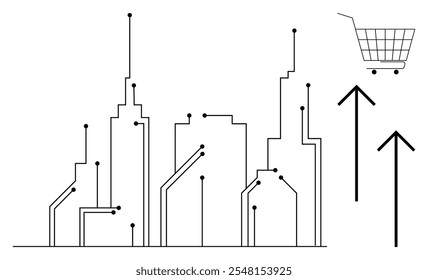 Ilustración minimalista de un paisaje urbano conectado con líneas digitales que representan la tecnología. El Carrito de compras y las flechas hacia arriba simbolizan el crecimiento de las compras en línea. Ideal para la tecnología