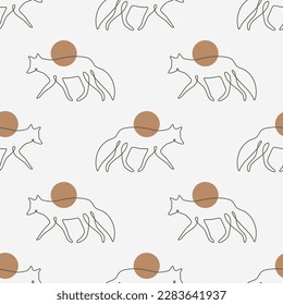 Line art minimalist one line fox seamless pattern, boho linear foxes ornament in Scandinavian style
