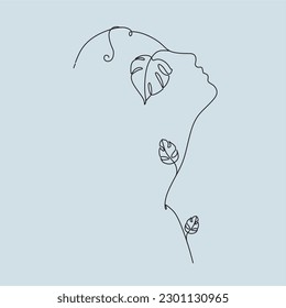 Line art Minimalist Woman Face with Leaves. Nature concept cosmetics logo. Line drawing the female profile of beauty botanical sign