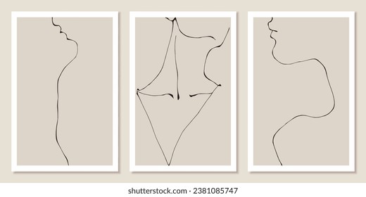 Line art minimalist woman neck and shoulders silhouette set of 3 posters. Simple vector illustrations of the female body in a trendy linear style. Line drawing on a beige background.