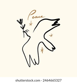 Line art minimalistic dove logo or label. Flying pigeon ink sketch drawing. Celestial constellation folk bird illustration. Good for greeting card, banner, flyer, poster, wall handing and room decor.