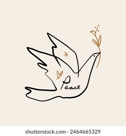 Line art minimalistic dove logo or label. Flying pigeon ink sketch drawing. Celestial constellation folk bird illustration. Good for greeting card, banner, flyer, poster, wall handing and room decor.