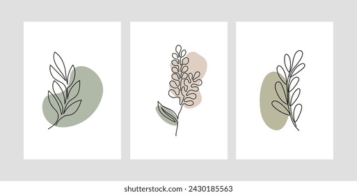 Line art minimalistic floral poster set. Vector design of flowers and leaves in soft colors.