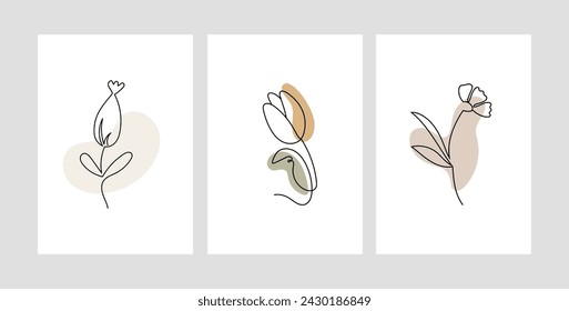 Line art minimalistic floral poster collection. Vector design in pastel colors.