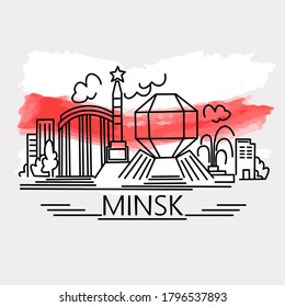 Line art Minsk vector red white historical flag. Main capital sighseeings poster. Outline design buildings, monuments, attractions. Town landscape postcard, banner. Stand off, rally, strike symbol