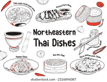 Line art Mix Northeastern Thai Dishes 