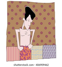 Line art mMan trying on different patterned bathing suits in a spotted change room graphic line art