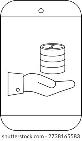 A line art mobile device displays a stack of coins on a hand