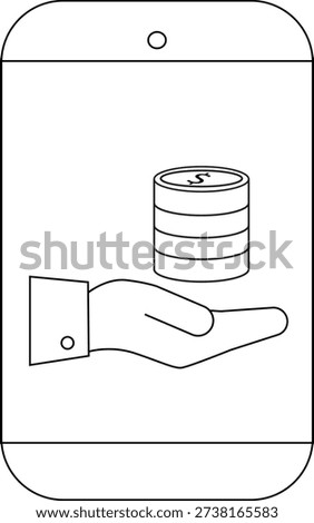 A line art mobile device displays a stack of coins on a hand