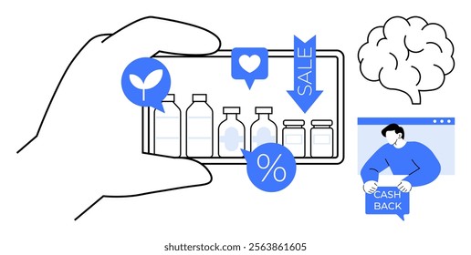 Line art with mobile shopping, cash back, and eco-friendly product icons in blue and white. Ideal for e-commerce, digital marketing, online sales, rebates, and sustainability-themed designs. Simple