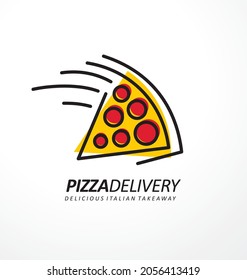 Line art modern logo for pizzeria restaurant. Pizza slice symbol template. Vector logo for pizza delivery.