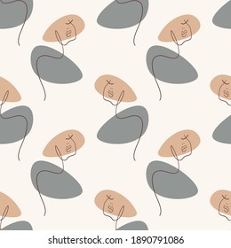 Line art modern minimalist woman face seamless pattern.