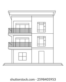 Line art of modern residential Building with balconies And Windows 