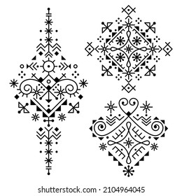 Line art modern tribal vector design set, cool minimal geometric patterns inspired by old Nordic Viking rune art. Black and white ethnic ornaments collection with abstract shapes

