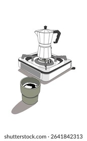 Line art Mokapot on the portable stove. Outdoor kitchen 