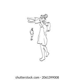 line art mom picks up daughter on arms laughing up illustration vector isolated on white background