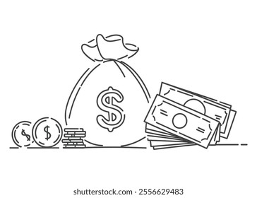 Line Art of a Money Bag and Coins