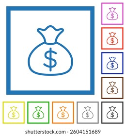 Line art money bag icon set with a dollar sign. Represents wealth, finance, savings, or profit. Presented in various outline colors.