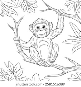 A line art monkey illustration of a coloring page 